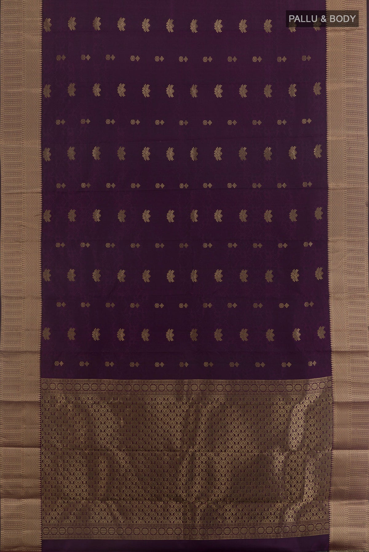 Flat view of Pure Silk Purple Kanchipuram Saree with Jacquard With Zari Butta on the body and Zari Border. 