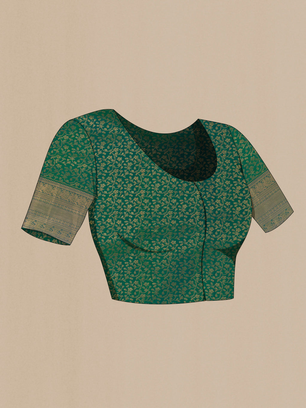 Close up image of the blouse of Pure Silk Green Kanchipuram Saree with Zari Brocade on the body and Zari Border. 