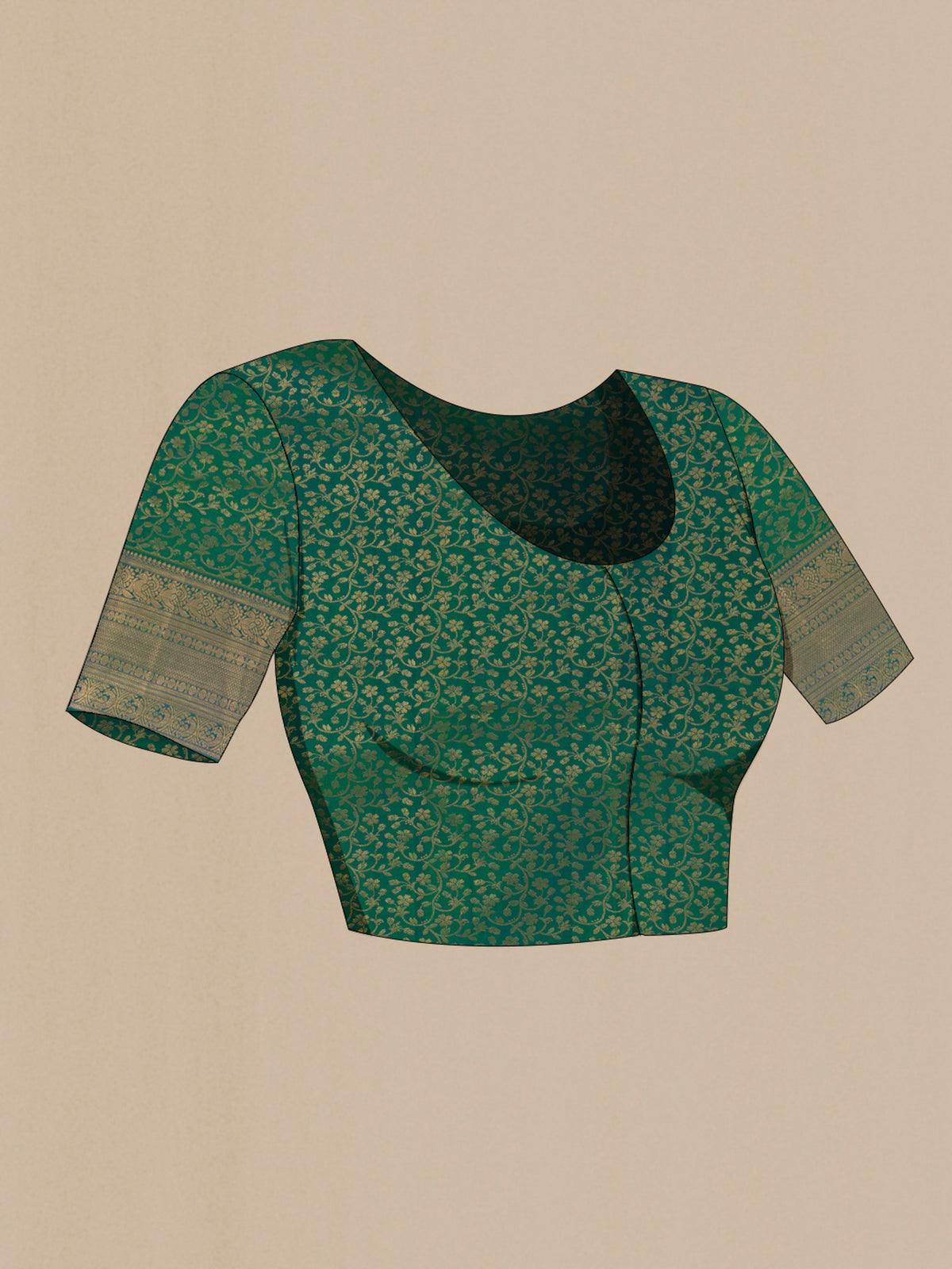 Close up image of the blouse of Pure Silk Green Kanchipuram Saree with Zari Brocade on the body and Zari Border. 