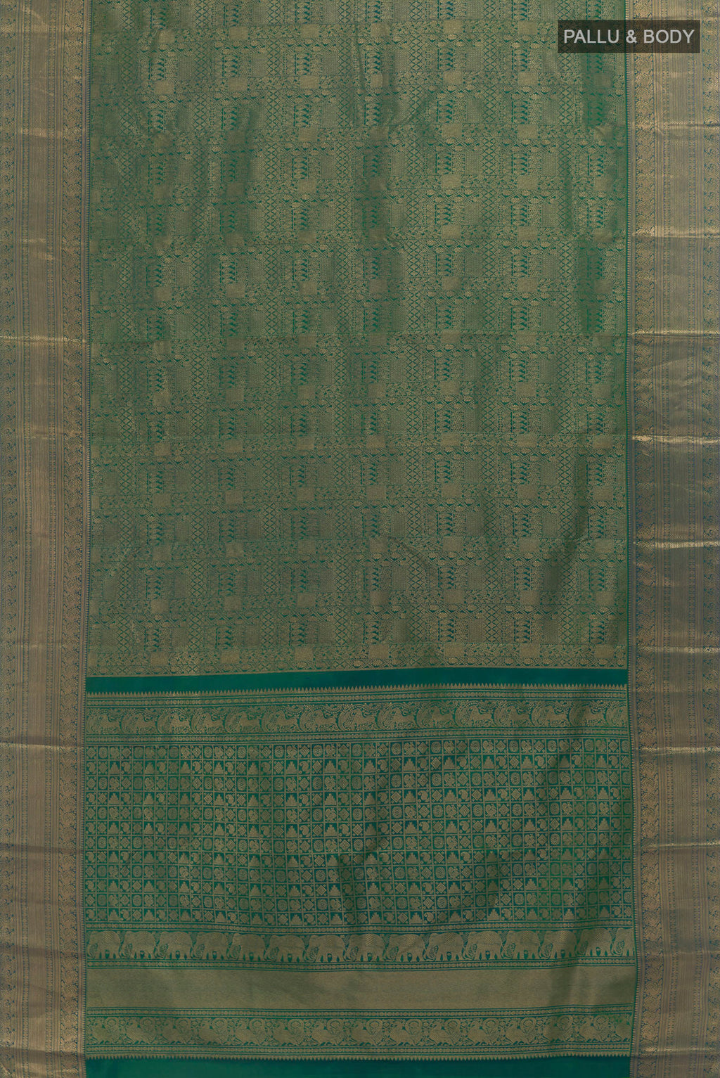 Flat view of Pure Silk Green Kanchipuram Saree with Zari Brocade on the body and Zari Border. 
