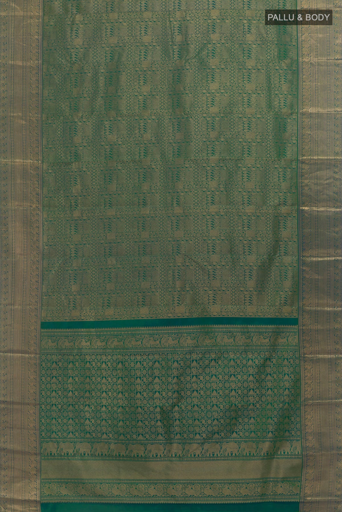 Flat view of Pure Silk Green Kanchipuram Saree with Zari Brocade on the body and Zari Border. 