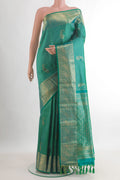 Pure Silk Sea Green Kanchipuram Saree with Zari Brocade on the body and Zari Border.  displayed on a mannequin