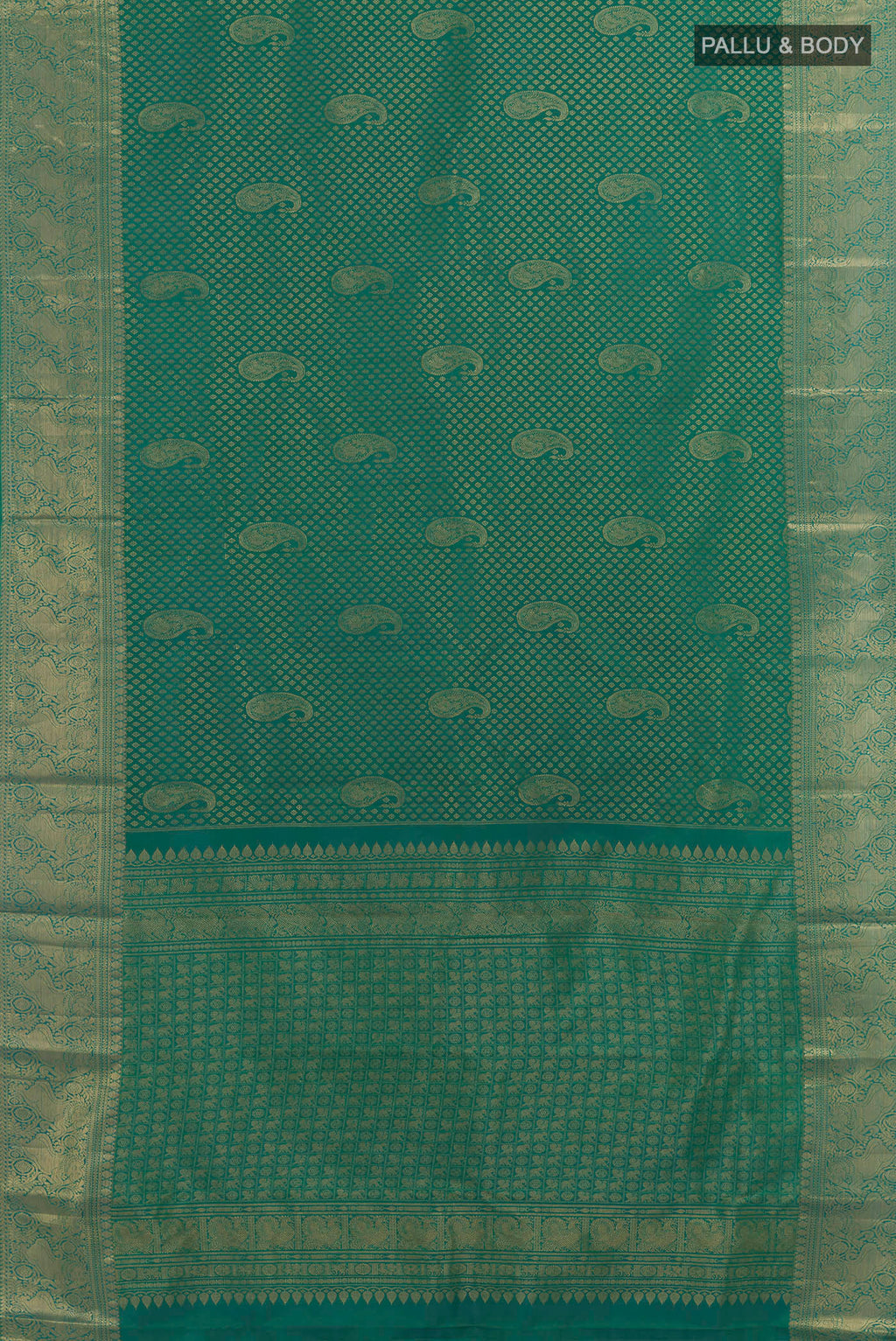 Flat view of Pure Silk Sea Green Kanchipuram Saree with Zari Brocade on the body and Zari Border. 