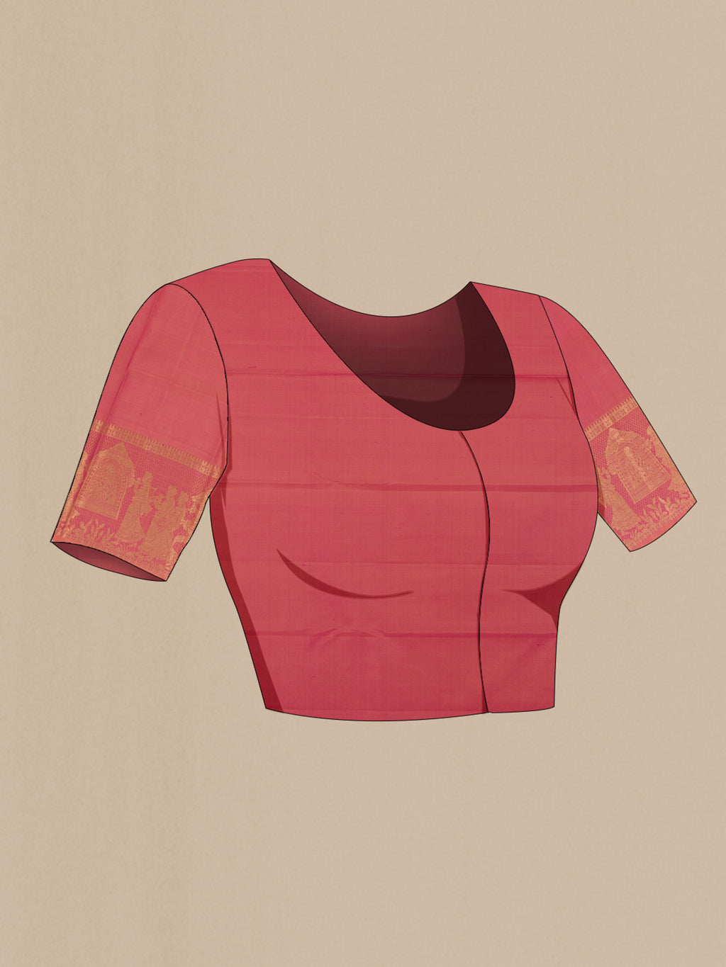 Close up image of the blouse of Pure Silk Coral Dual Tone Kanchipuram Saree with Zari Brocade on the body and Zari Border. 