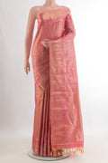 Pure Silk Coral Dual Tone Kanchipuram Saree with Zari Brocade on the body and Zari Border.  displayed on a mannequin