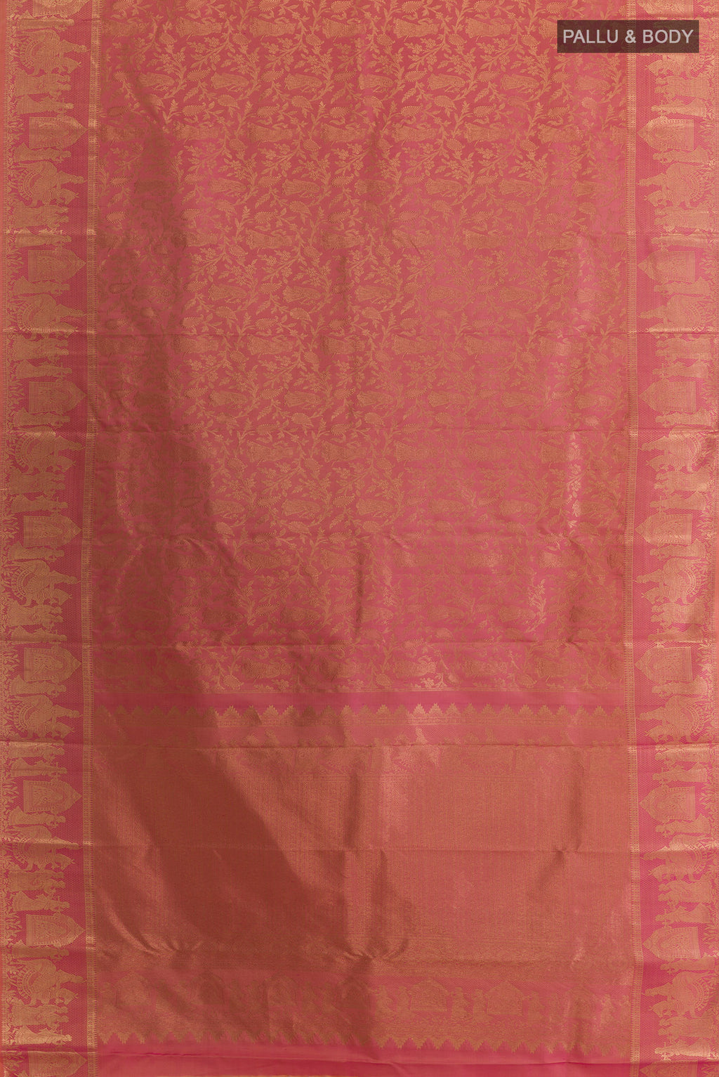 Flat view of Pure Silk Coral Dual Tone Kanchipuram Saree with Zari Brocade on the body and Zari Border. 