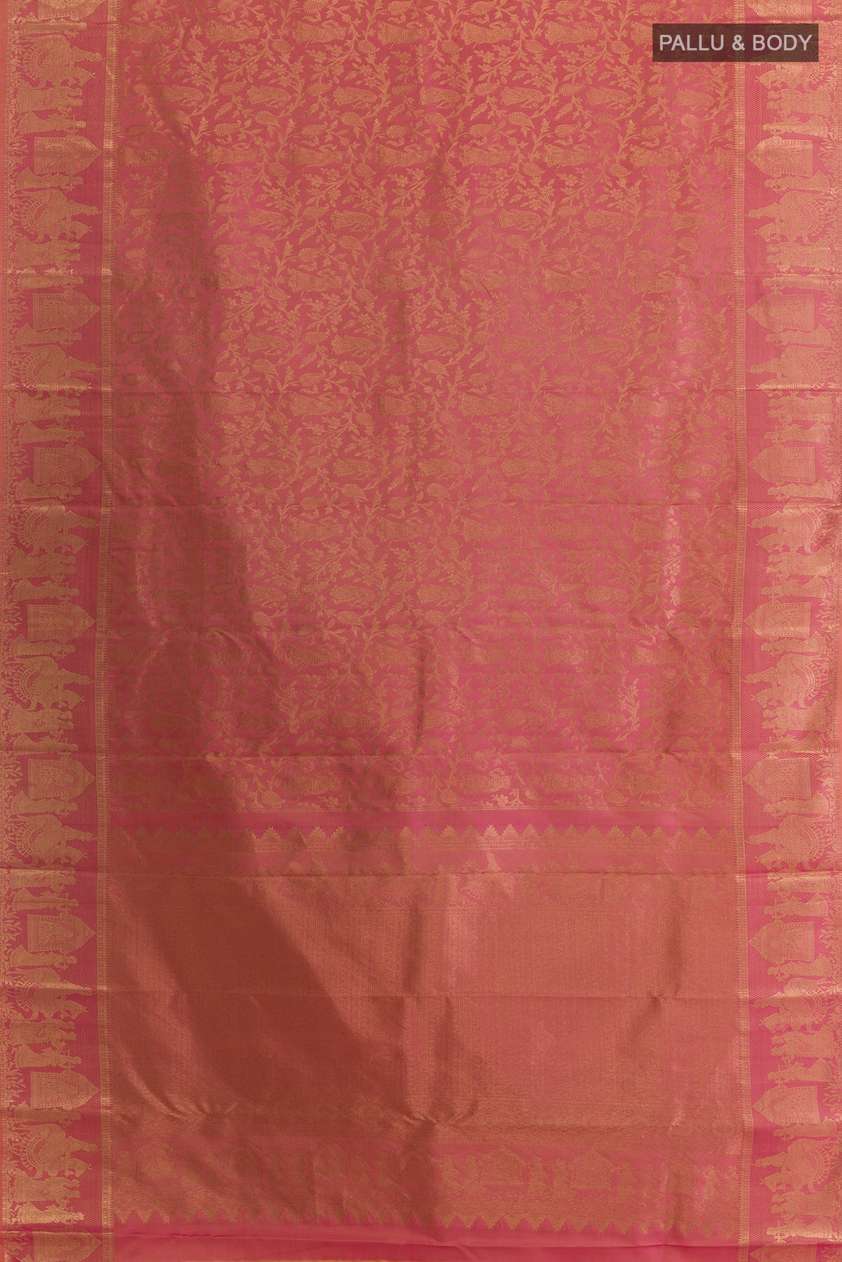 Flat view of Pure Silk Coral Dual Tone Kanchipuram Saree with Zari Brocade on the body and Zari Border. 