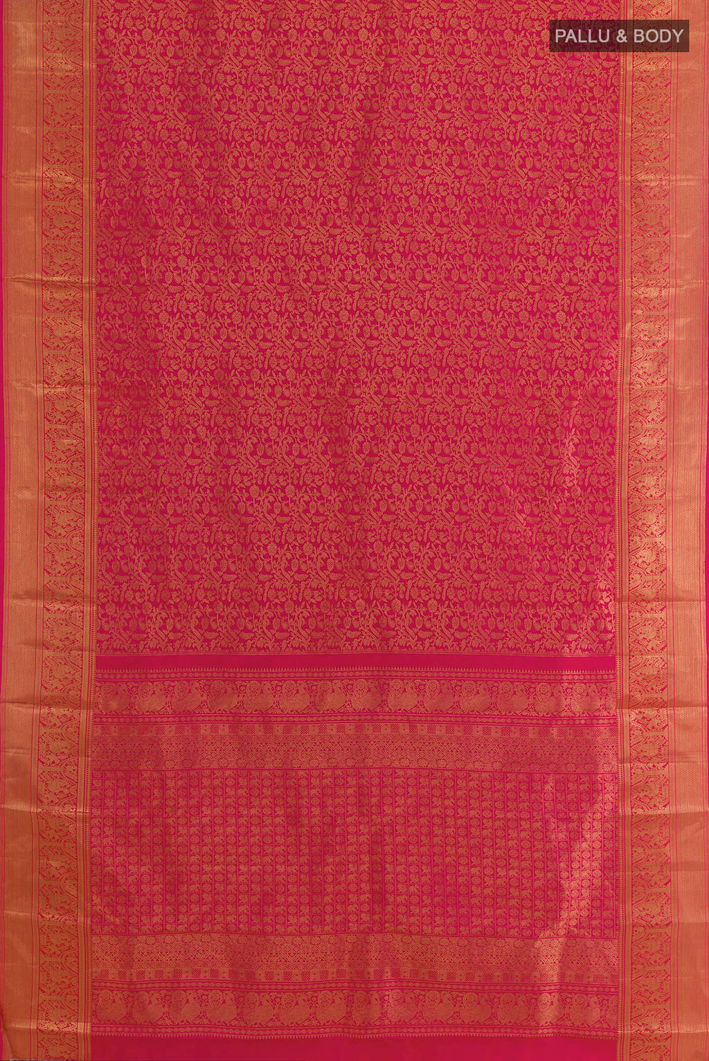 Flat view of Pure Silk Pink Kanchipuram Saree with Zari Brocade on the body and Zari Border. 