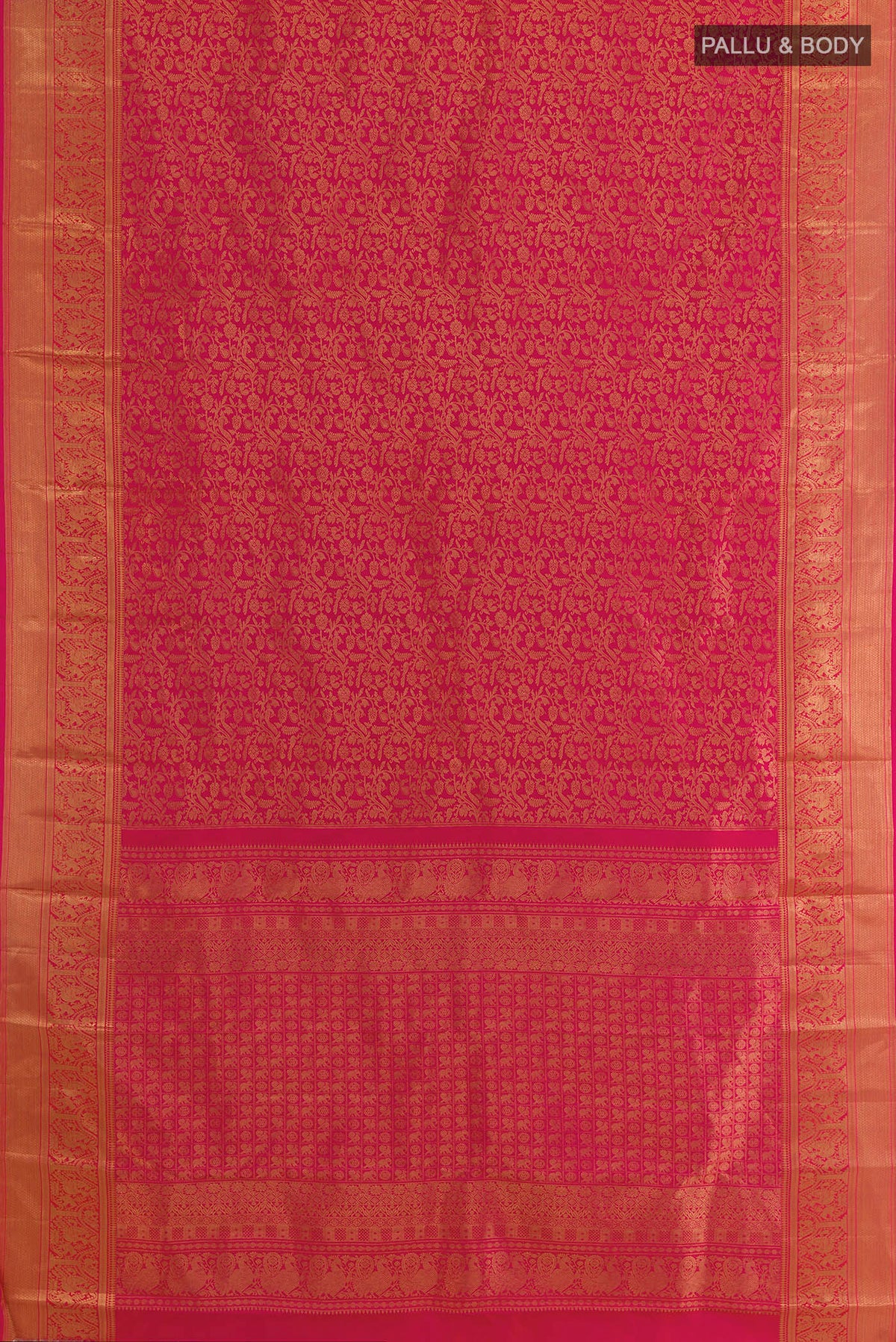 Flat view of Pure Silk Pink Kanchipuram Saree with Zari Brocade on the body and Zari Border. 