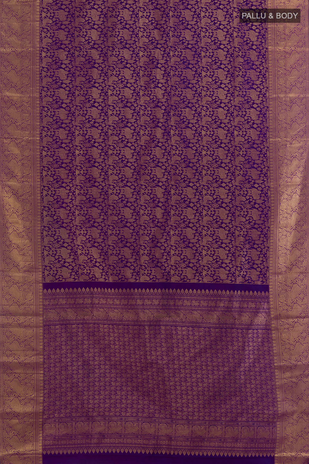 Flat view of Pure Silk Violet Kanchipuram Saree with Zari Brocade on the body and Zari Border. 