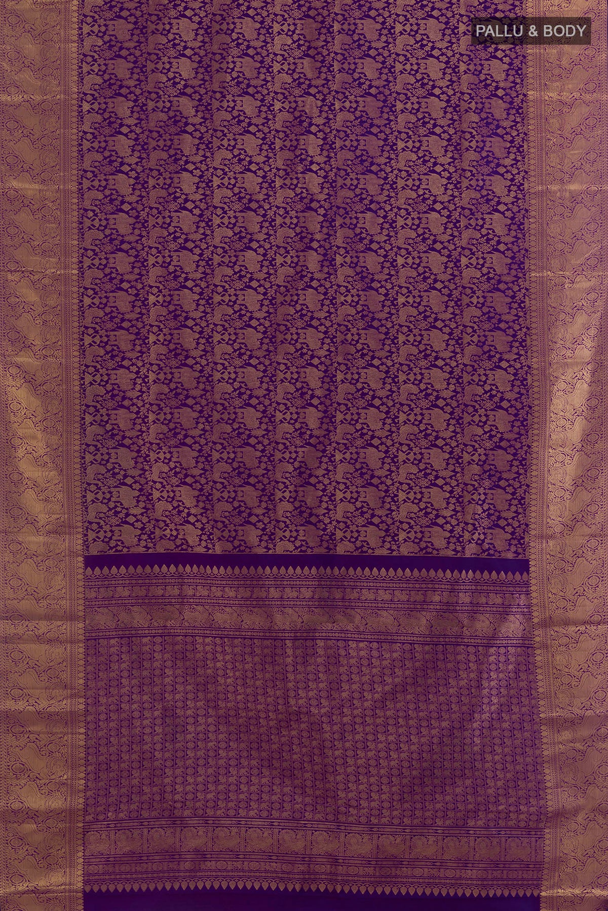 Flat view of Pure Silk Violet Kanchipuram Saree with Zari Brocade on the body and Zari Border. 