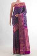 Pure Silk Dark Blue Kanchipuram Saree with Zari Brocade on the body and Zari Border.  displayed on a mannequin