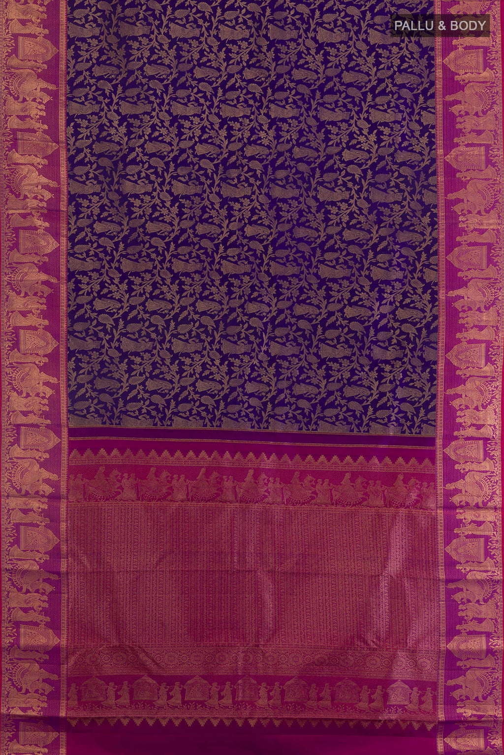 Flat view of Pure Silk Dark Blue Kanchipuram Saree with Zari Brocade on the body and Zari Border. 