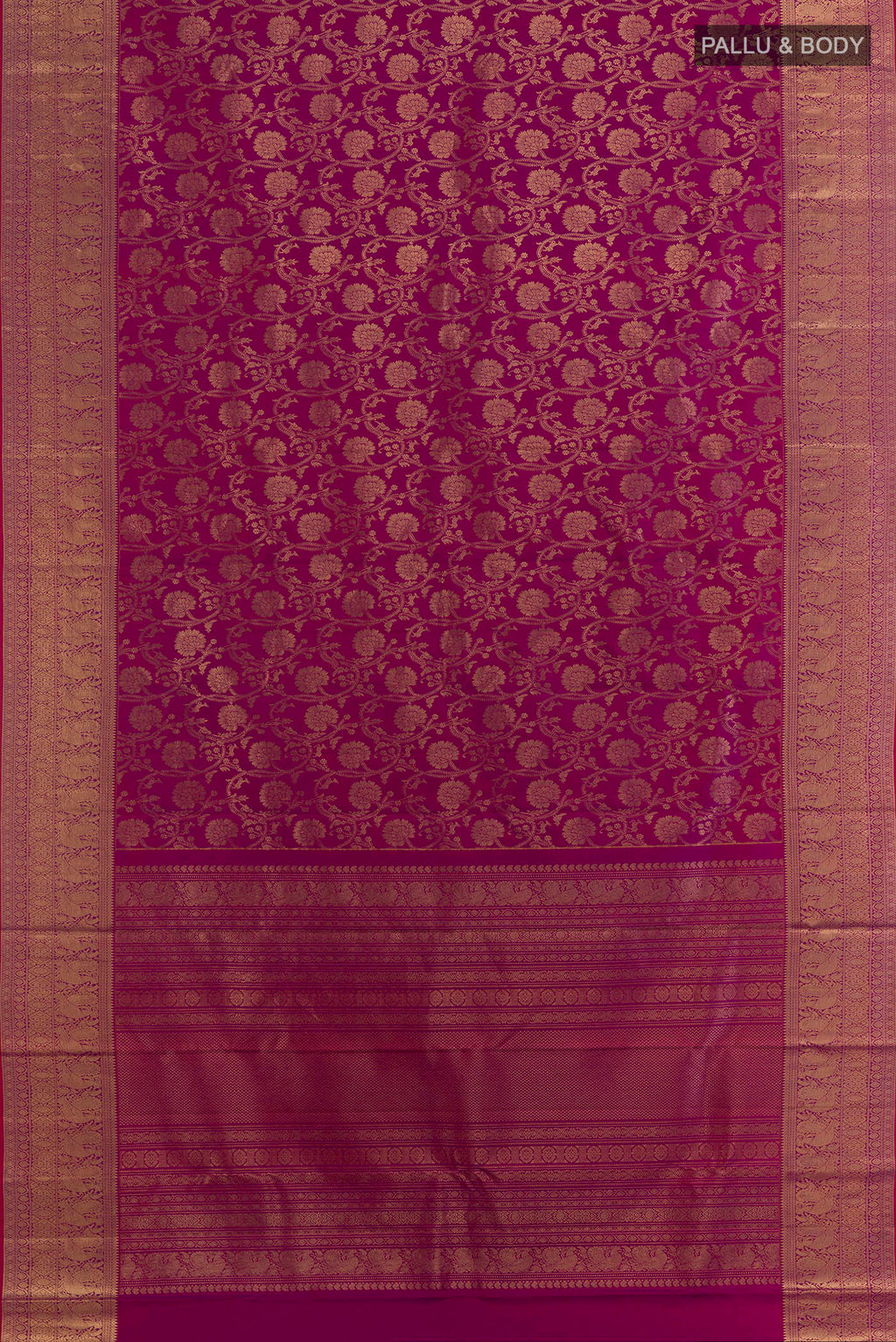 Flat view of Pure Silk Purple Kanchipuram Saree with Zari Brocade on the body and Zari Border. 
