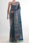 Pure Silk Peacock Blue Kanchipuram Saree with Zari Brocade on the body and Zari Border.  displayed on a mannequin