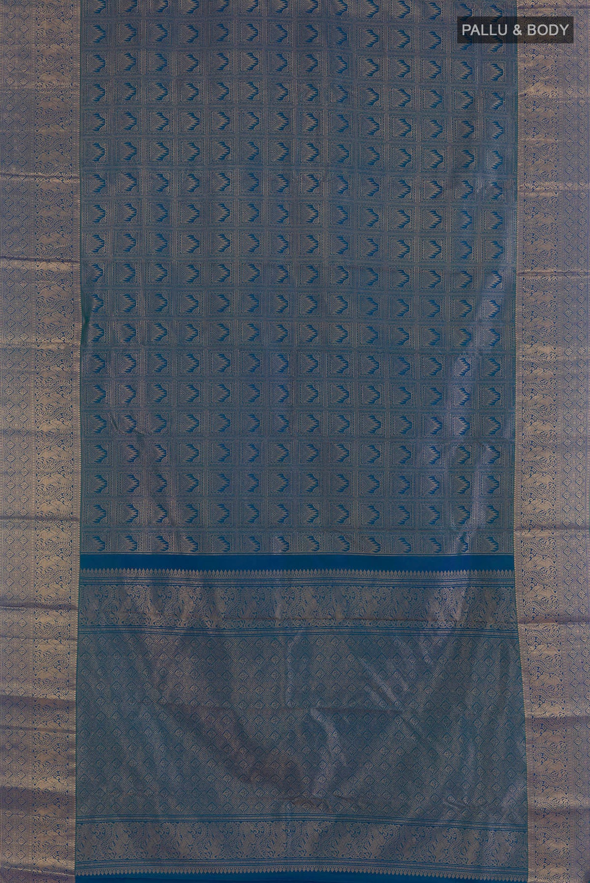 Flat view of Pure Silk Peacock Blue Kanchipuram Saree with Zari Brocade on the body and Zari Border. 