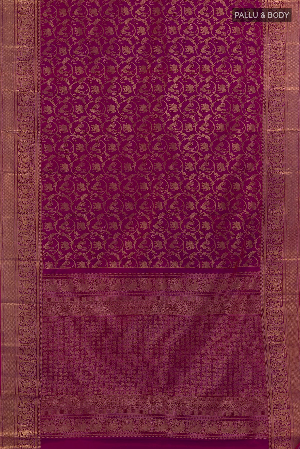 Flat view of Pure Silk Magenta Dual Tone Kanchipuram Saree with Zari Brocade on the body and Zari Border. 