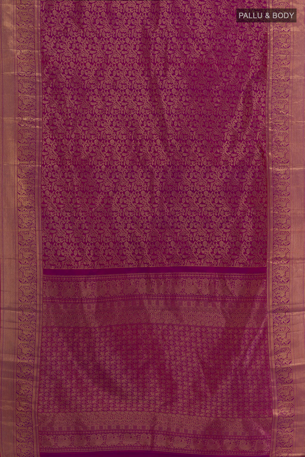 Flat view of Pure Silk Magenta Kanchipuram Saree with Zari Brocade on the body and Zari Border. 