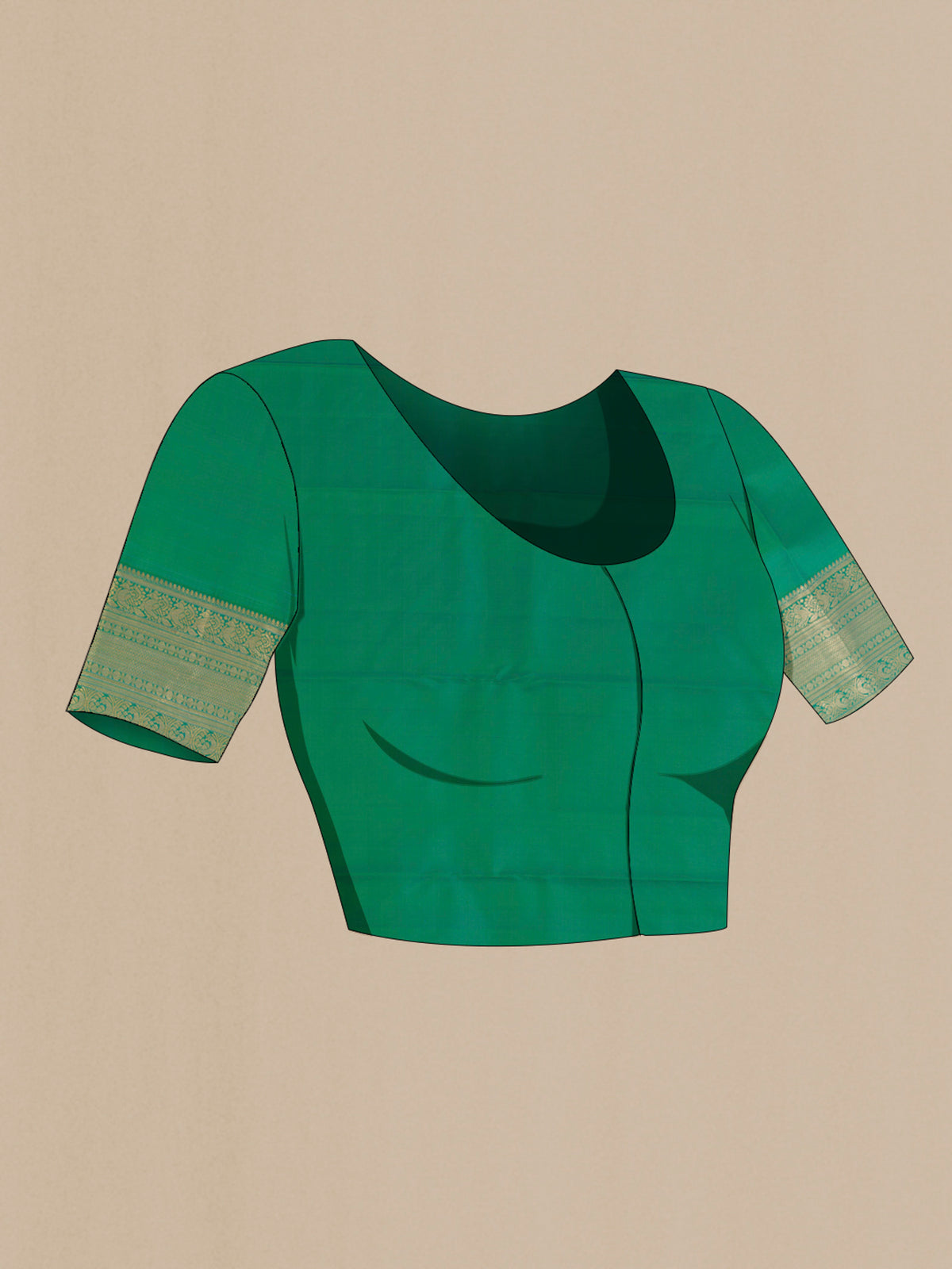 Close up image of the blouse of Pure Silk Green Kanchipuram Saree with Zari Brocade on the body and Zari Border. 