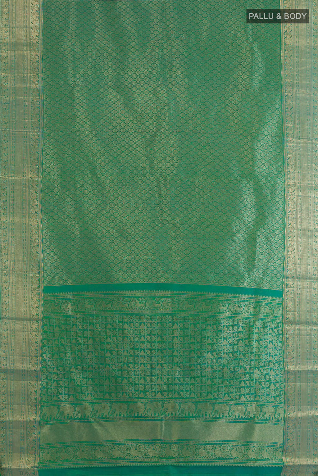Flat view of Pure Silk Green Kanchipuram Saree with Zari Brocade on the body and Zari Border. 