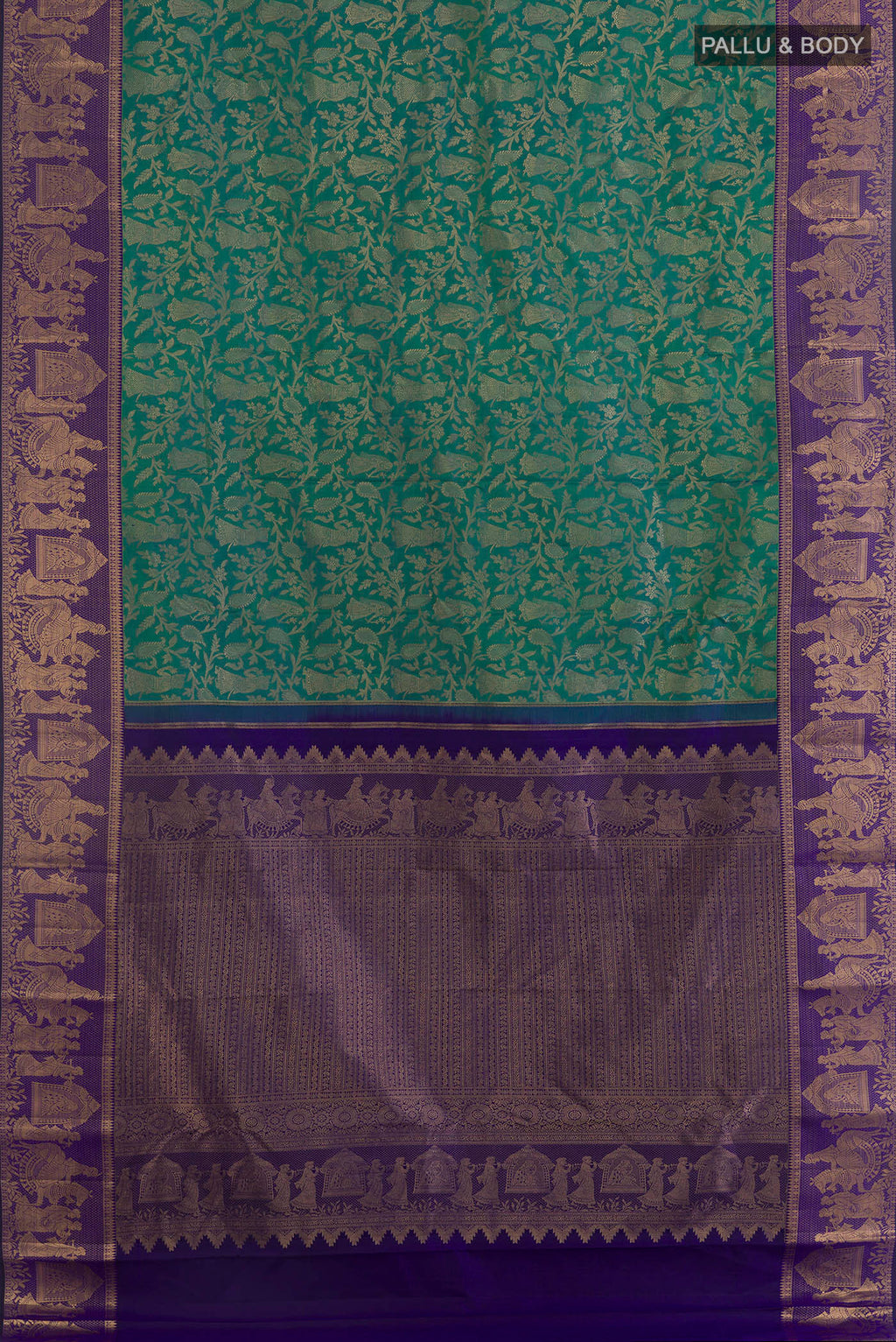 Flat view of Pure Silk Sea Green Dual Tone Kanchipuram Saree with Zari Brocade on the body and Fancy Border. 