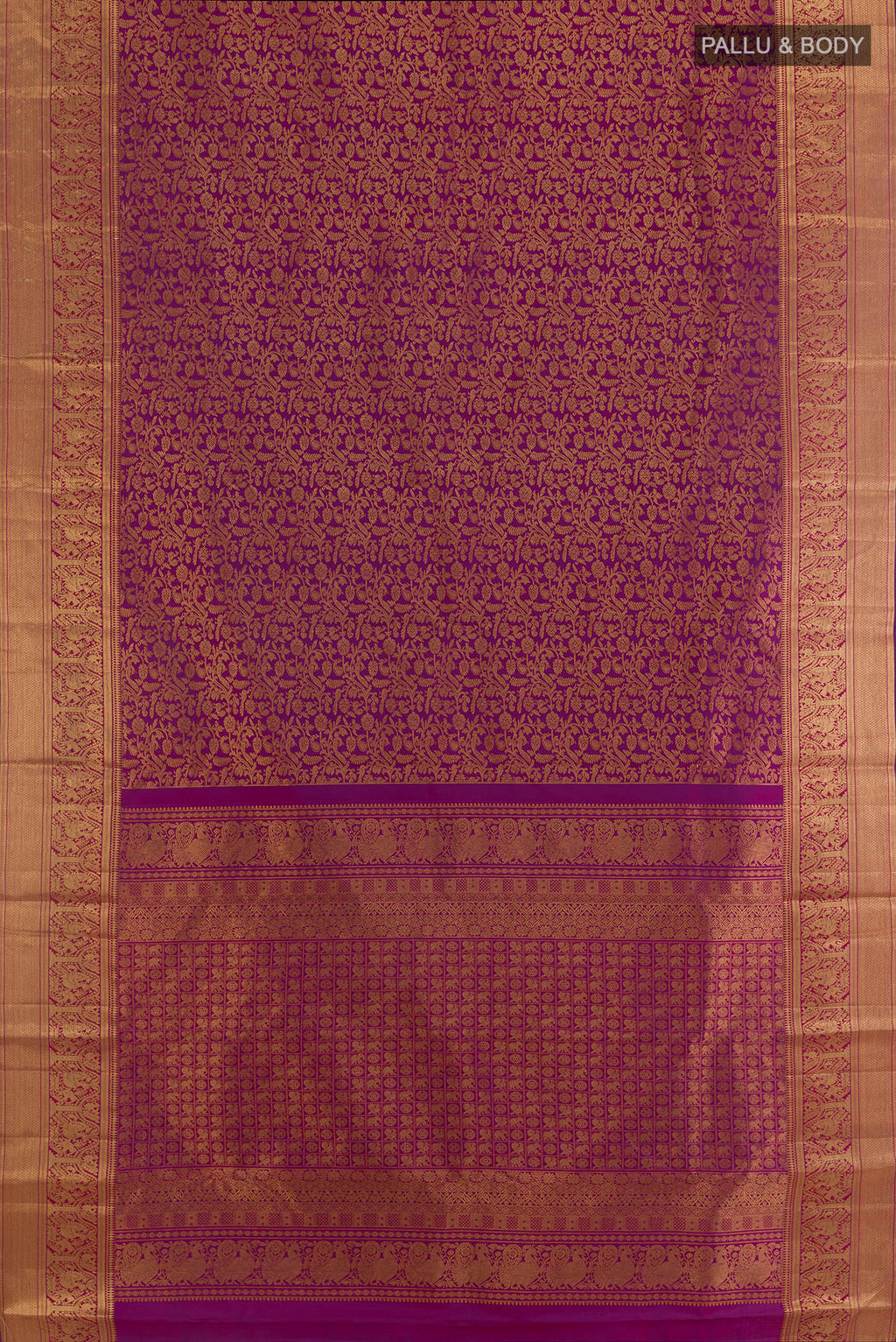 Flat view of Pure Silk Purple Kanchipuram Saree with Zari Brocade on the body and Zari Border. 