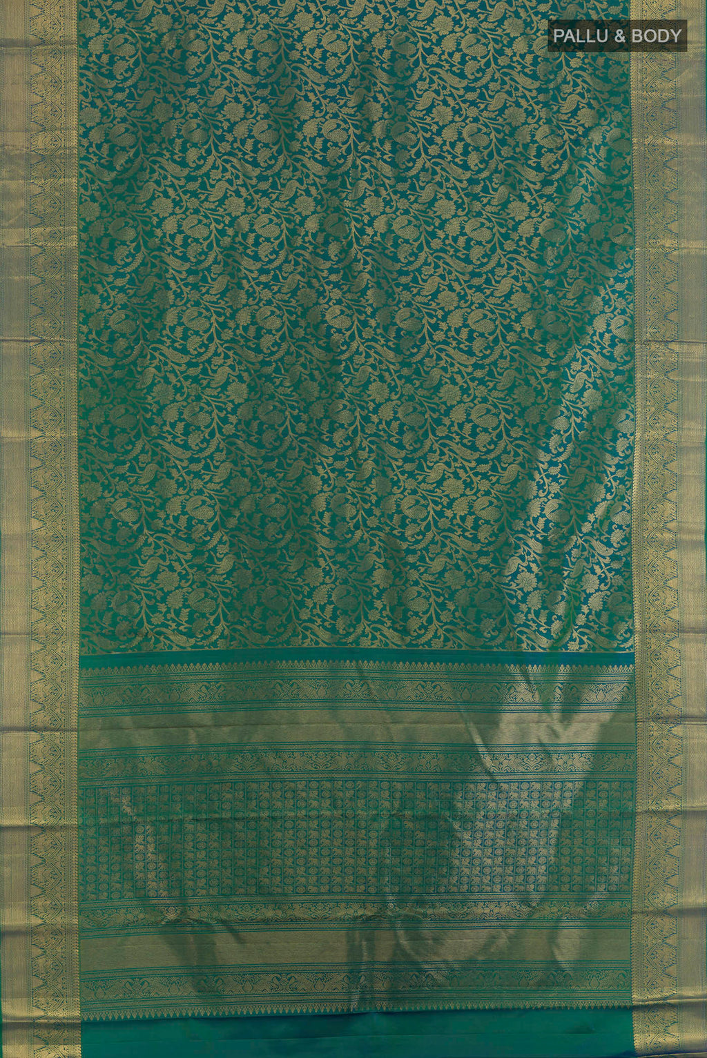 Flat view of Pure Silk Green Dual Tone Kanchipuram Saree with Zari Brocade on the body and Zari Border. 