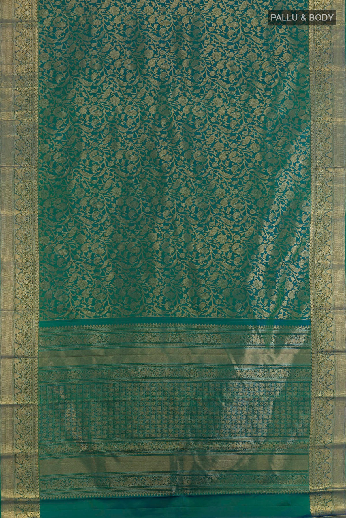 Flat view of Pure Silk Green Dual Tone Kanchipuram Saree with Zari Brocade on the body and Zari Border. 