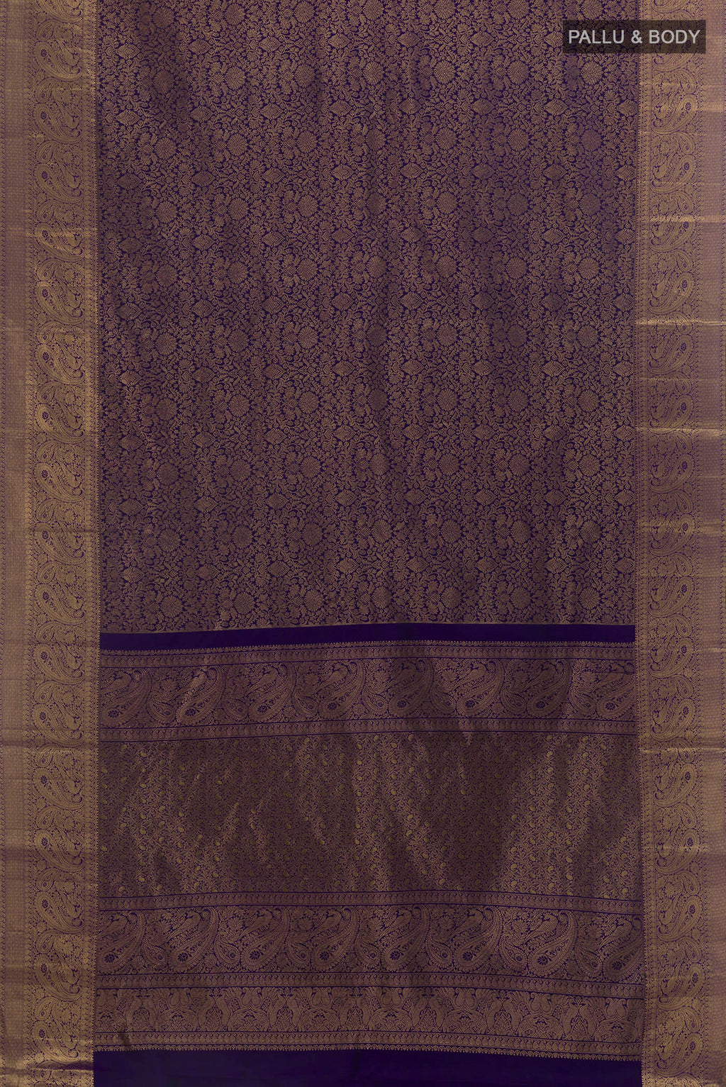 Flat view of Pure Silk Dark Blue Kanchipuram Saree with Zari Brocade on the body and Zari Border. 