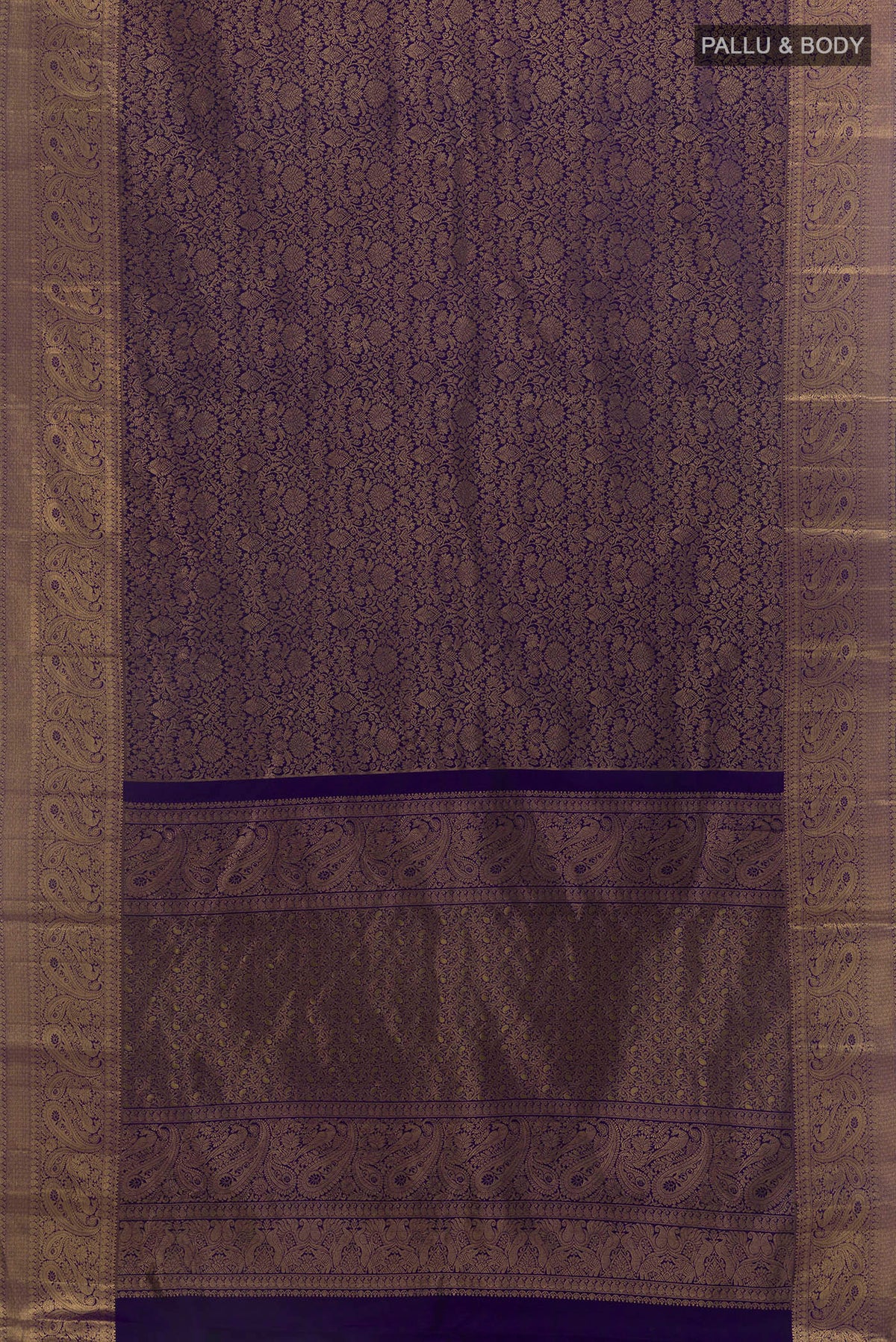 Flat view of Pure Silk Dark Blue Kanchipuram Saree with Zari Brocade on the body and Zari Border. 