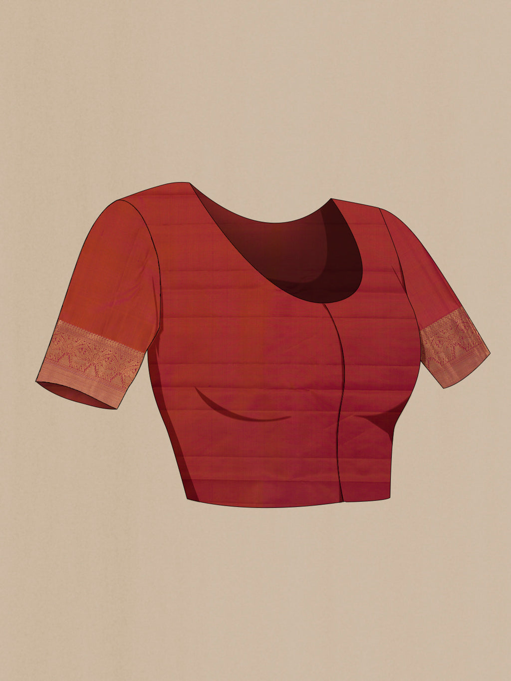 Close up image of the blouse of Pure Silk Brick Orange with Magenta Color Kanchipuram Saree with Zari Brocade on the body and Zari Border. 