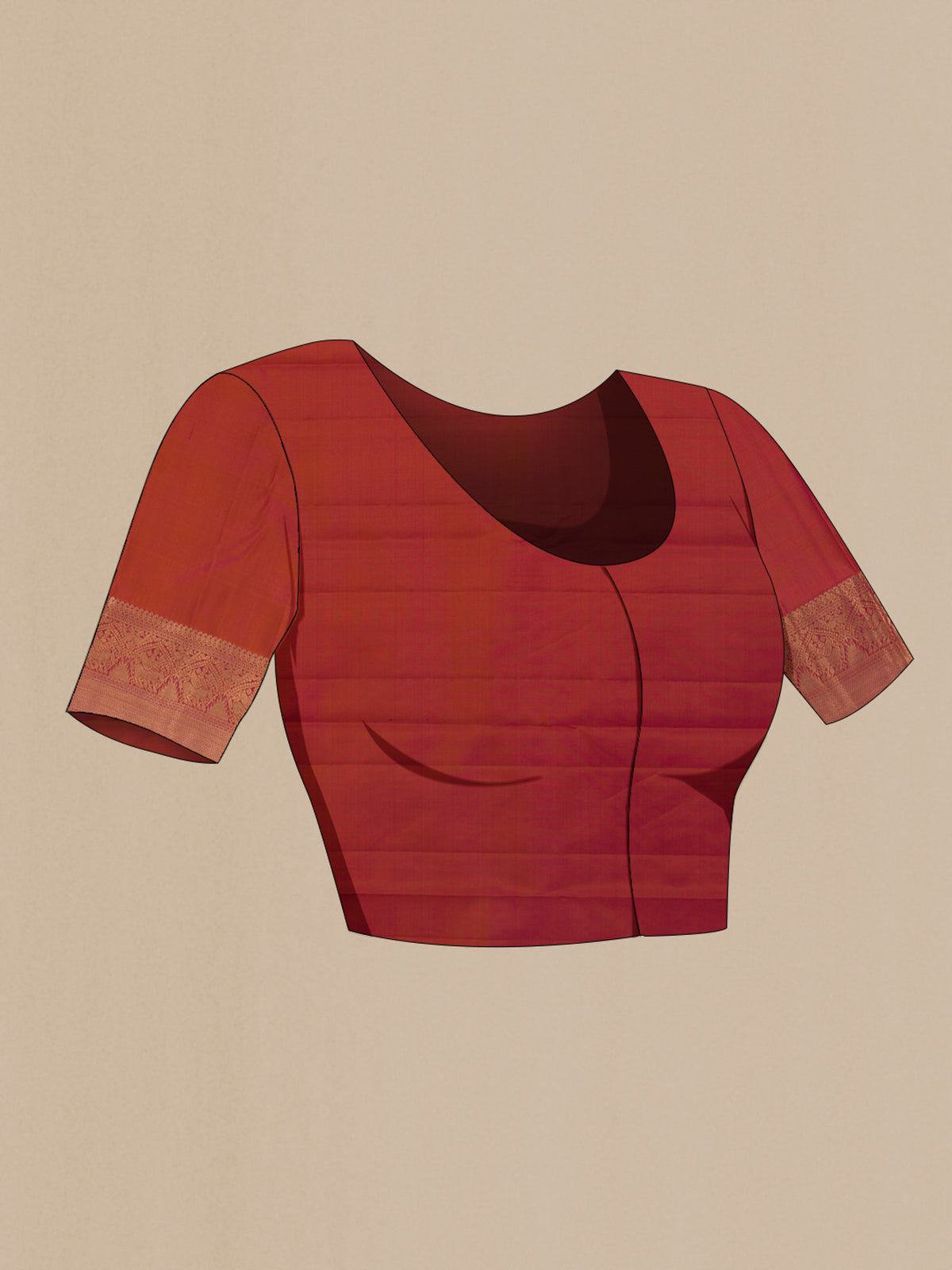 Close up image of the blouse of Pure Silk Brick Orange with Magenta Color Kanchipuram Saree with Zari Brocade on the body and Zari Border. 
