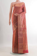Pure Silk Brick Orange with Magenta Color Kanchipuram Saree with Zari Brocade on the body and Zari Border.  displayed on a mannequin
