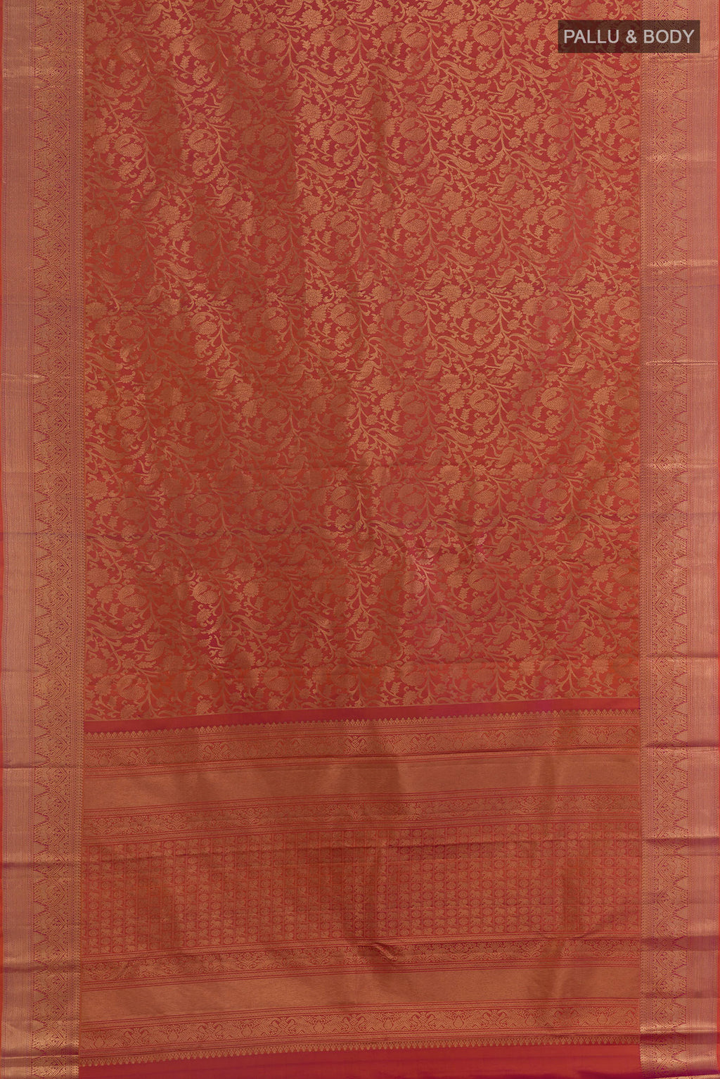 Flat view of Pure Silk Brick Orange with Magenta Color Kanchipuram Saree with Zari Brocade on the body and Zari Border. 