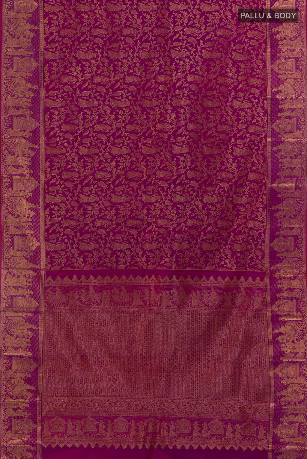 Flat view of Pure Silk Magenta Kanchipuram Saree with Zari Brocade on the body and Fancy Border. 