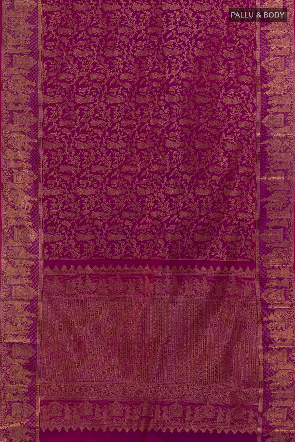 Flat view of Pure Silk Magenta Kanchipuram Saree with Zari Brocade on the body and Fancy Border. 