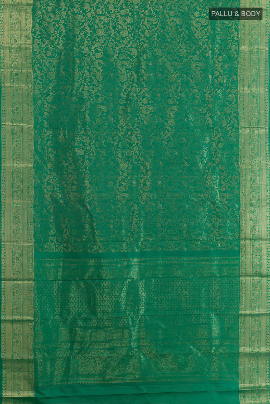 Flat view of Pure Silk Green Kanjivaram Saree with Zari Brocade on the body and Zari Border. 