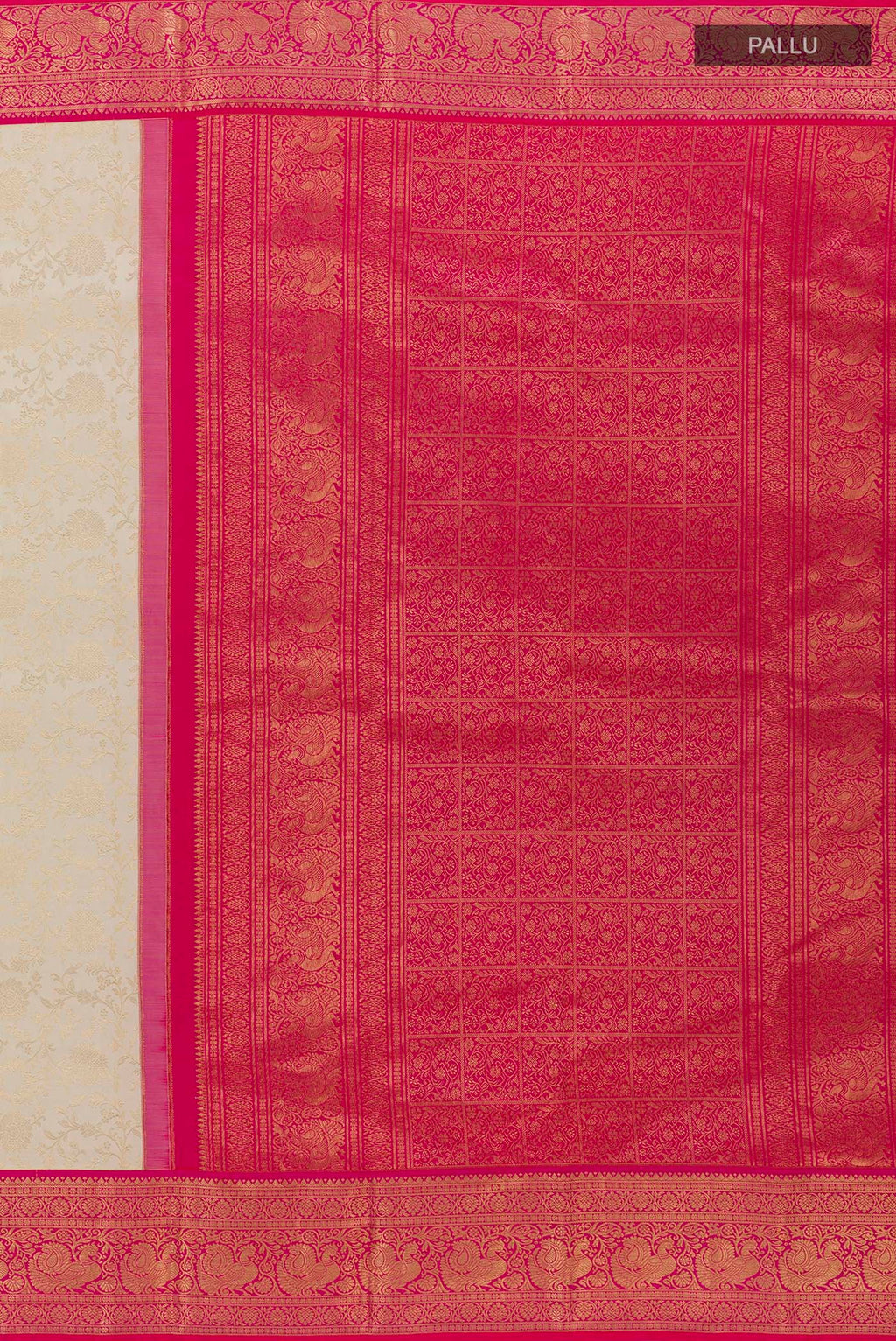 Close up image of the pallu of Pure Silk Off White Kanjivaram Saree with Zari Brocade on the body and Zari Border. 