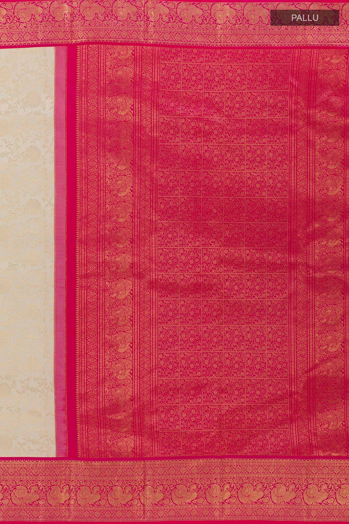 Close up image of the pallu of Pure Silk Off White Kanjivaram Saree with Zari Brocade on the body and Zari Border. 