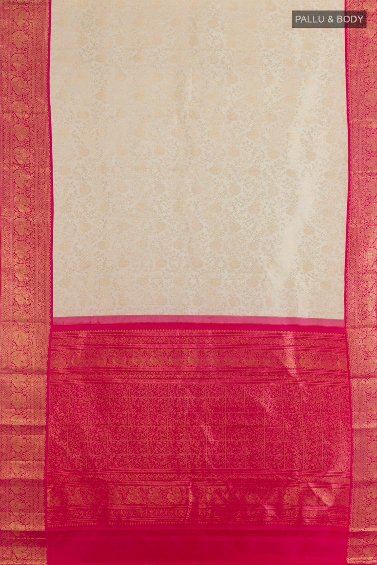 Flat view of Pure Silk Off White Kanjivaram Saree with Zari Brocade on the body and Zari Border. 