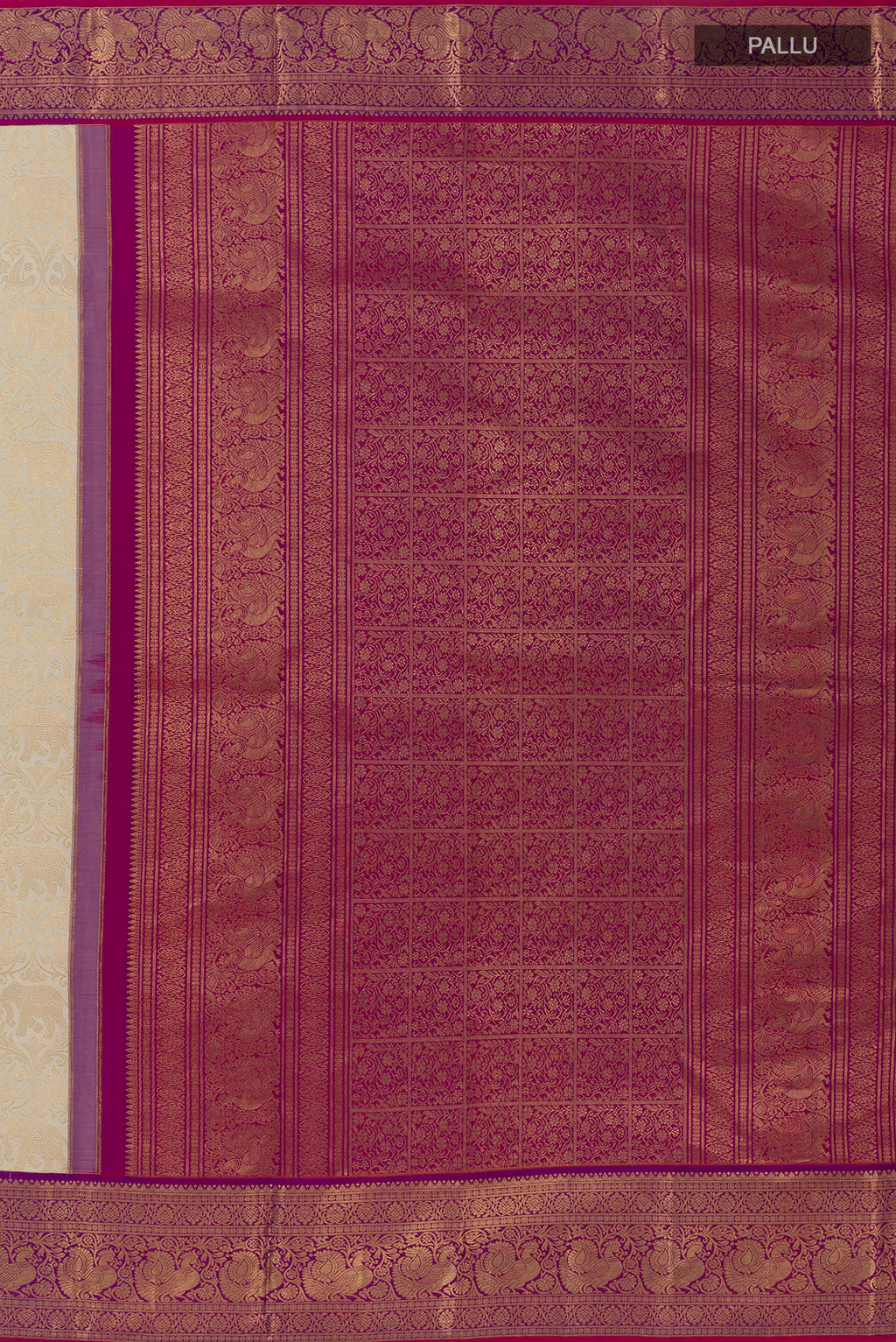 Close up image of the pallu of Pure Silk Off White Kanjivaram Saree with Zari Brocade on the body and Zari Border. 