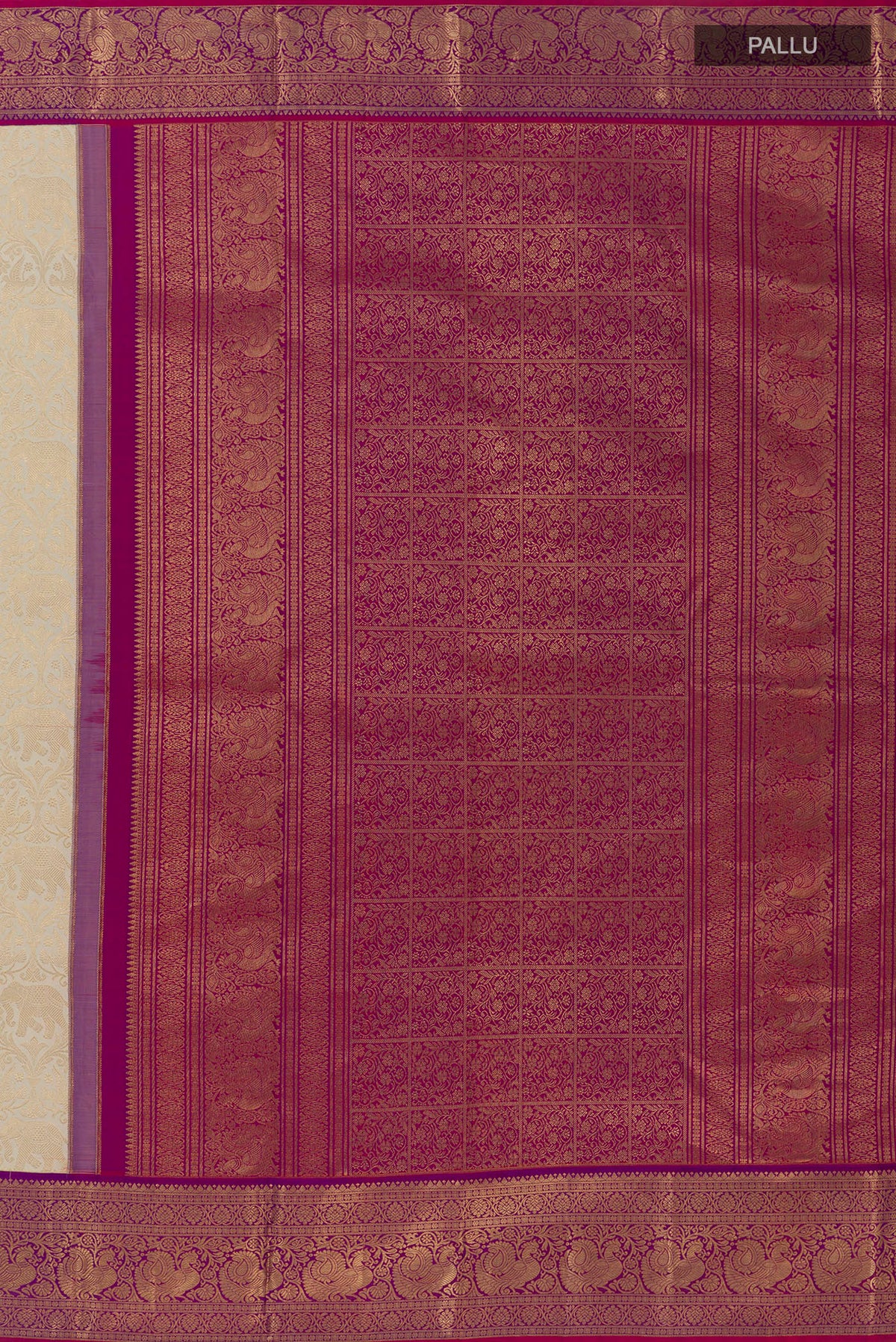 Close up image of the pallu of Pure Silk Off White Kanjivaram Saree with Zari Brocade on the body and Zari Border. 
