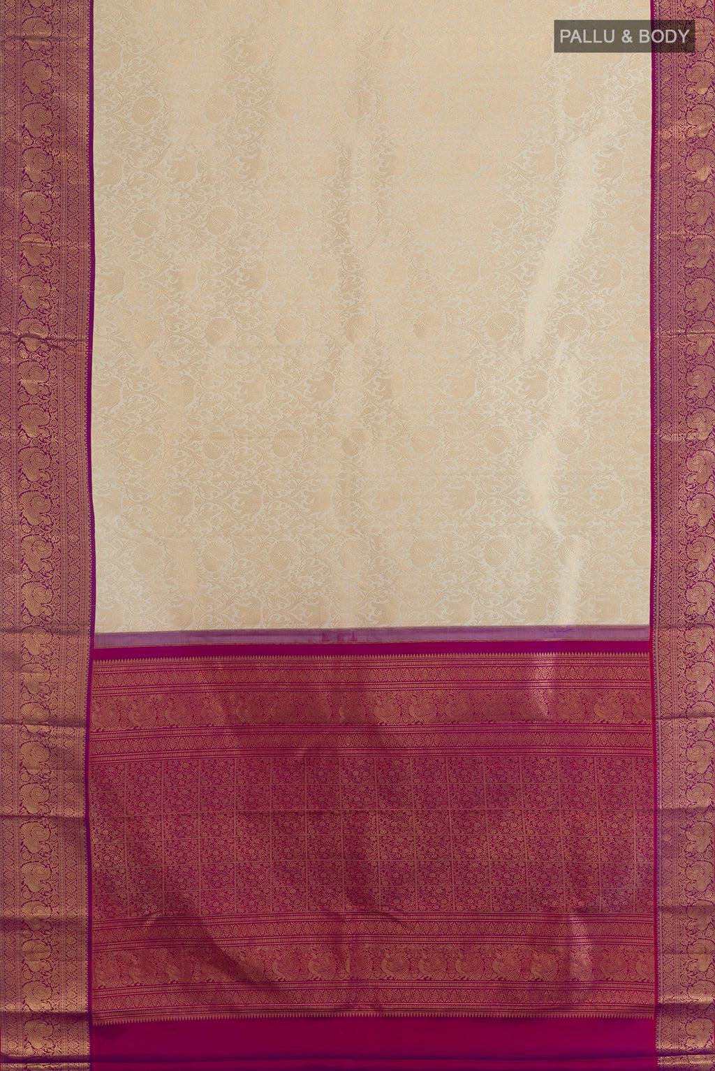 Flat view of Pure Silk Off White Kanjivaram Saree with Zari Brocade on the body and Zari Border. 