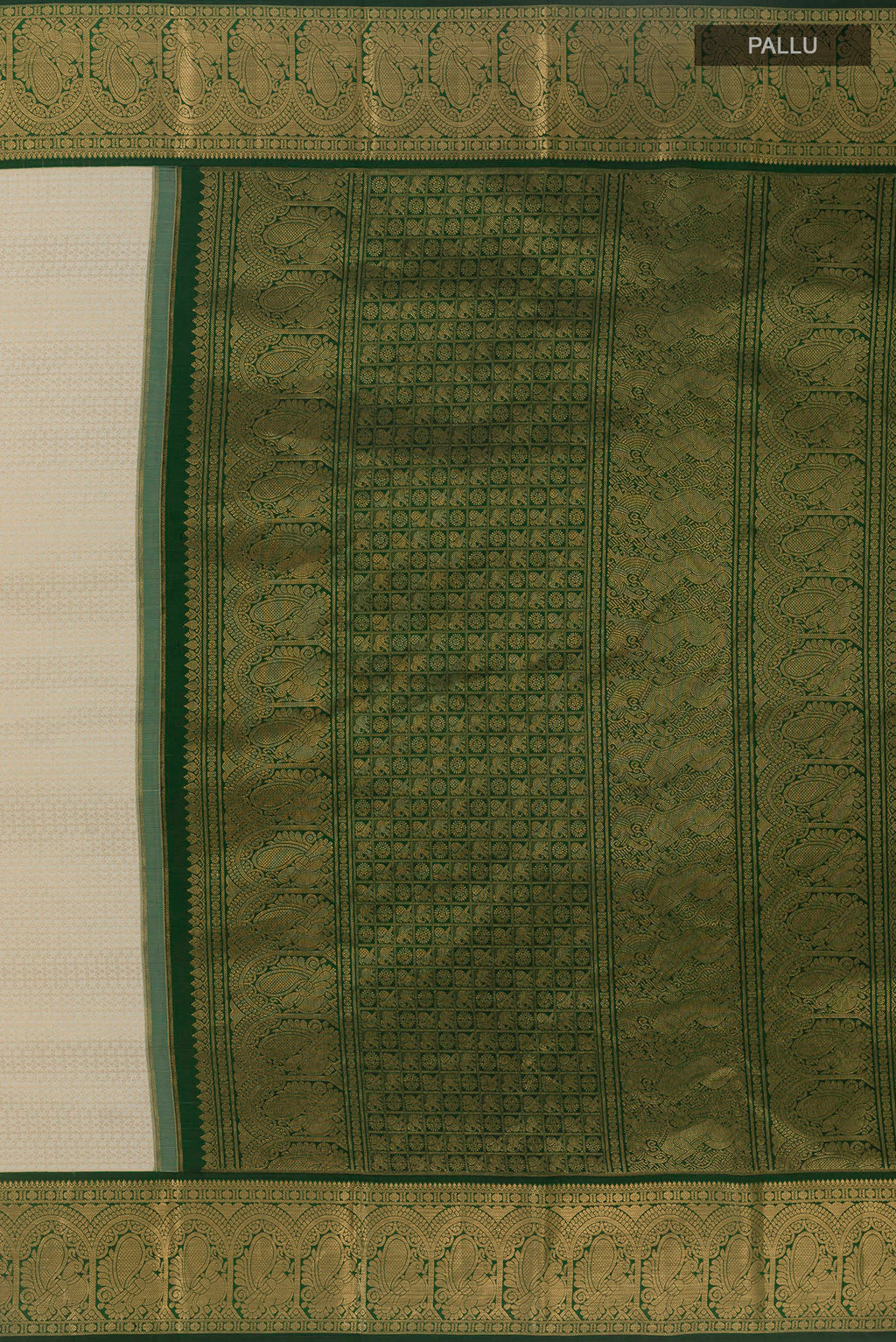 Close up image of the pallu of Pure Silk Off White Kanjivaram Saree with Zari Brocade on the body and Zari Border. 