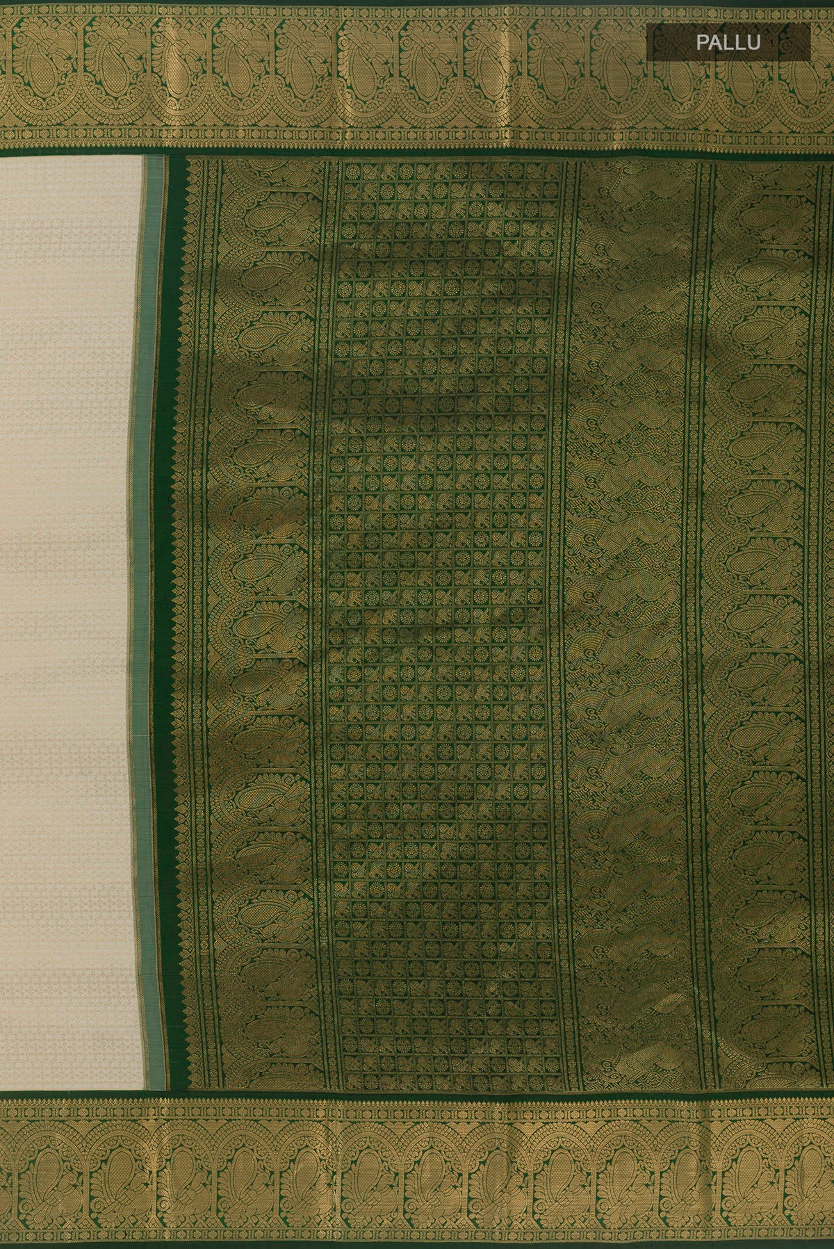 Close up image of the pallu of Pure Silk Off White Kanjivaram Saree with Zari Brocade on the body and Zari Border. 