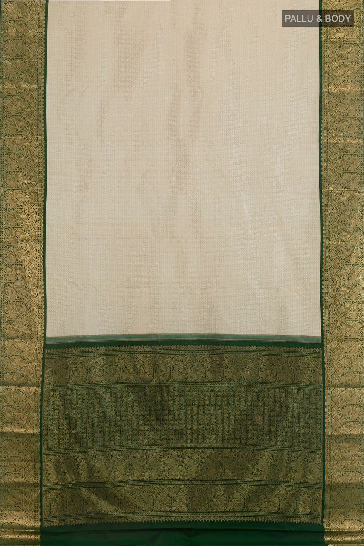 Flat view of Pure Silk Off White Kanjivaram Saree with Zari Brocade on the body and Zari Border. 