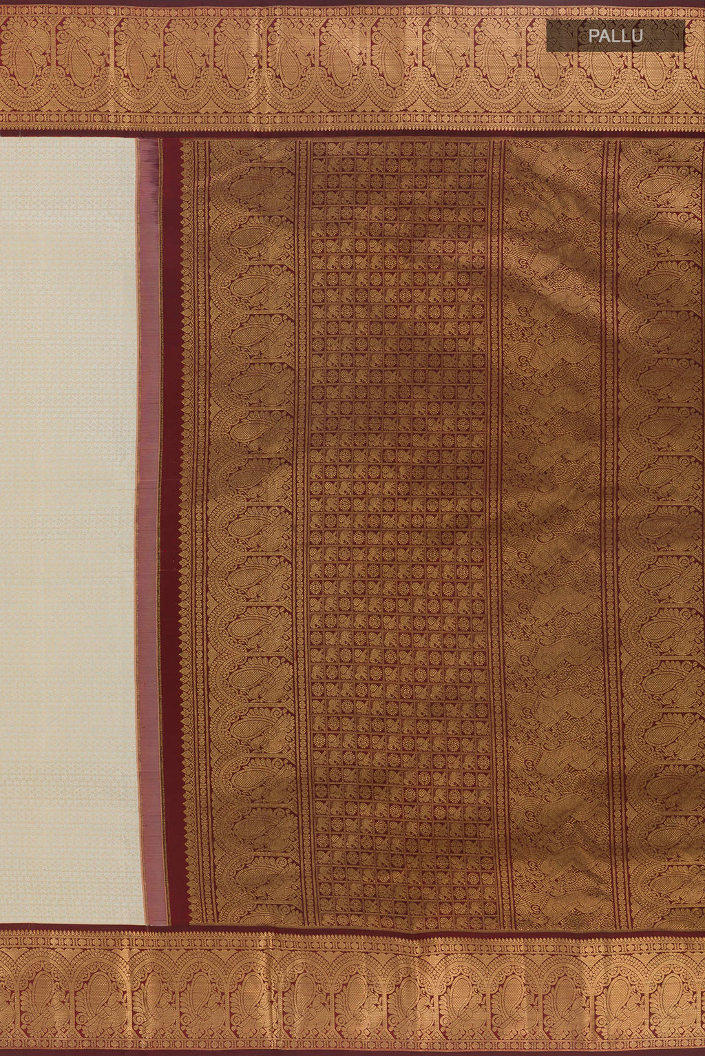 Close up image of the pallu of Pure Silk Off White Kanjivaram Saree with Zari Brocade on the body and Zari Border. 