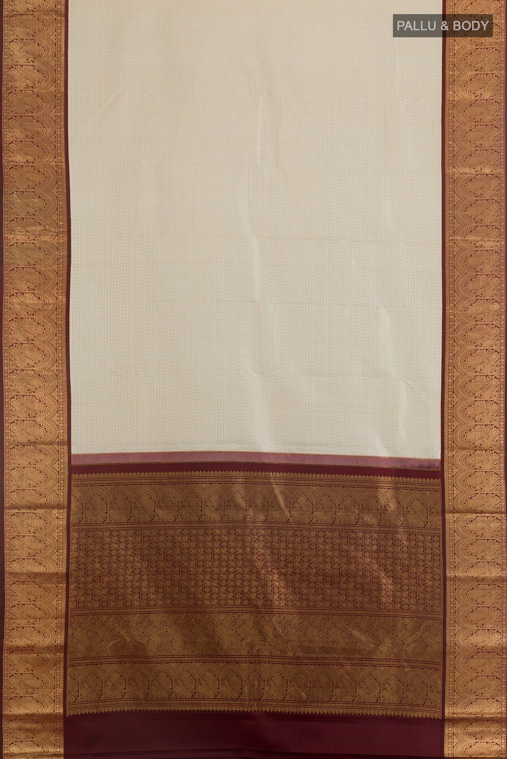 Flat view of Pure Silk Off White Kanjivaram Saree with Zari Brocade on the body and Zari Border. 