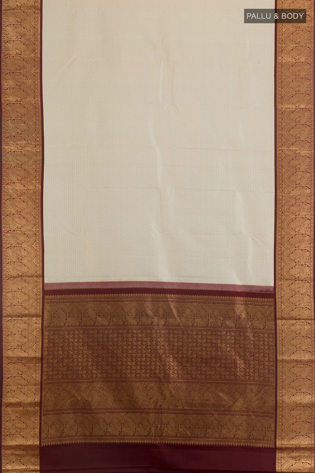 Flat view of Pure Silk Off White Kanjivaram Saree with Zari Brocade on the body and Zari Border. 