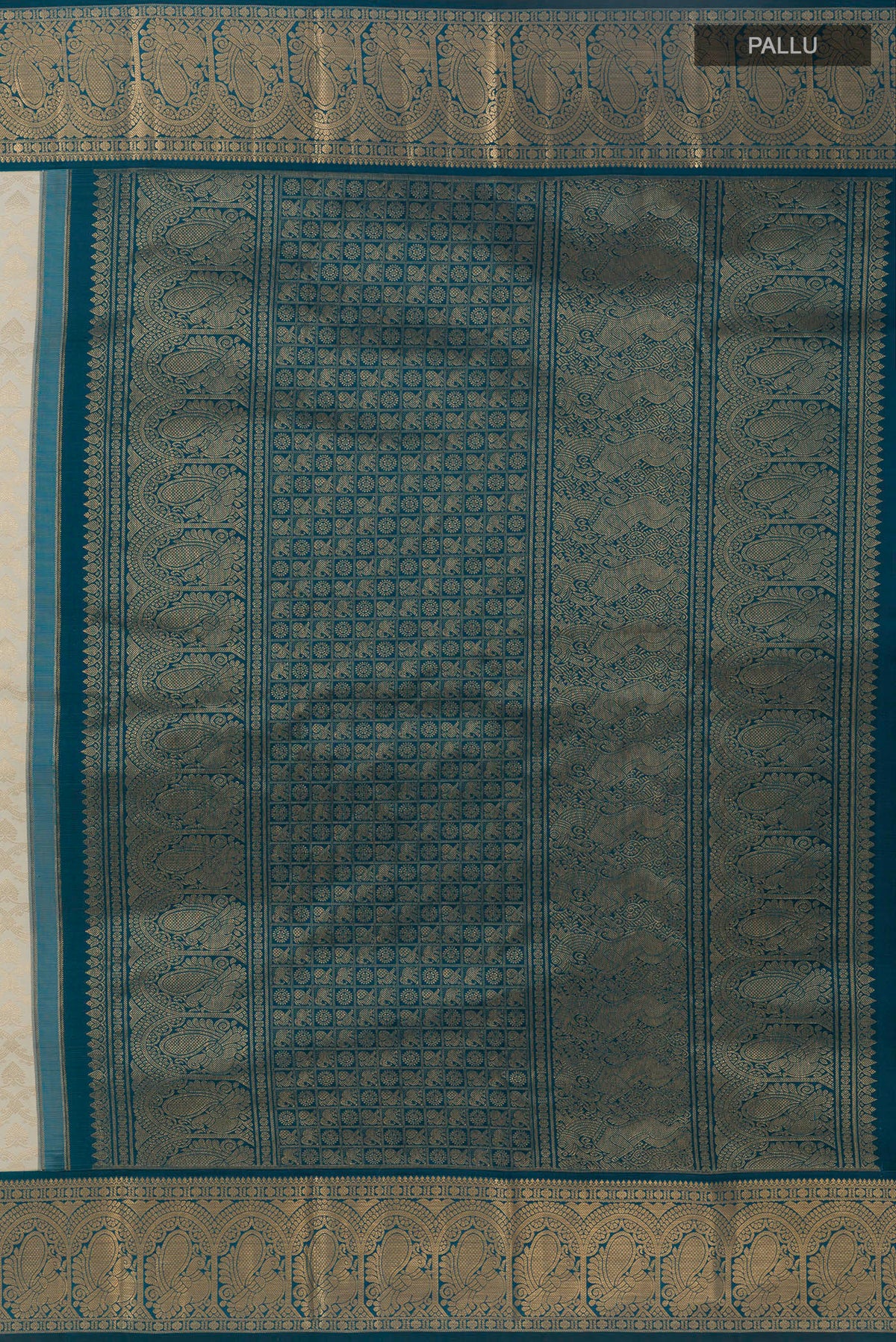 Close up image of the pallu of Pure Silk Off White Kanjivaram Saree with Zari Brocade on the body and Zari Border. 